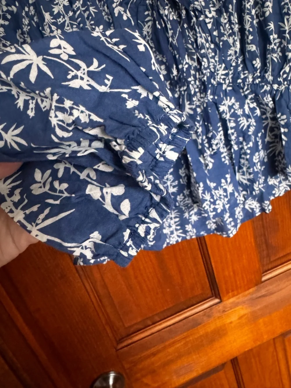 44. Blue Floral Off-Shoulder Smocked Peplum Blouse - Picture 10 of 11